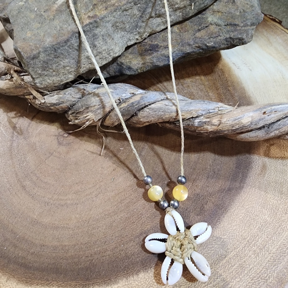 Cowrie Shell Flower Necklace with Silver and Yellow Accent Beads